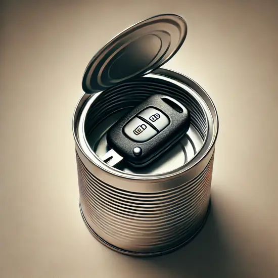 DALL·E 2024 09 19 09.35.55 A Close Up Image Of A Car Key Inside A Small Metal Can. The Can Is Cylindrical And Made Of Shiny, Brushed Steel With A Smooth Surface, Slightly Reflec